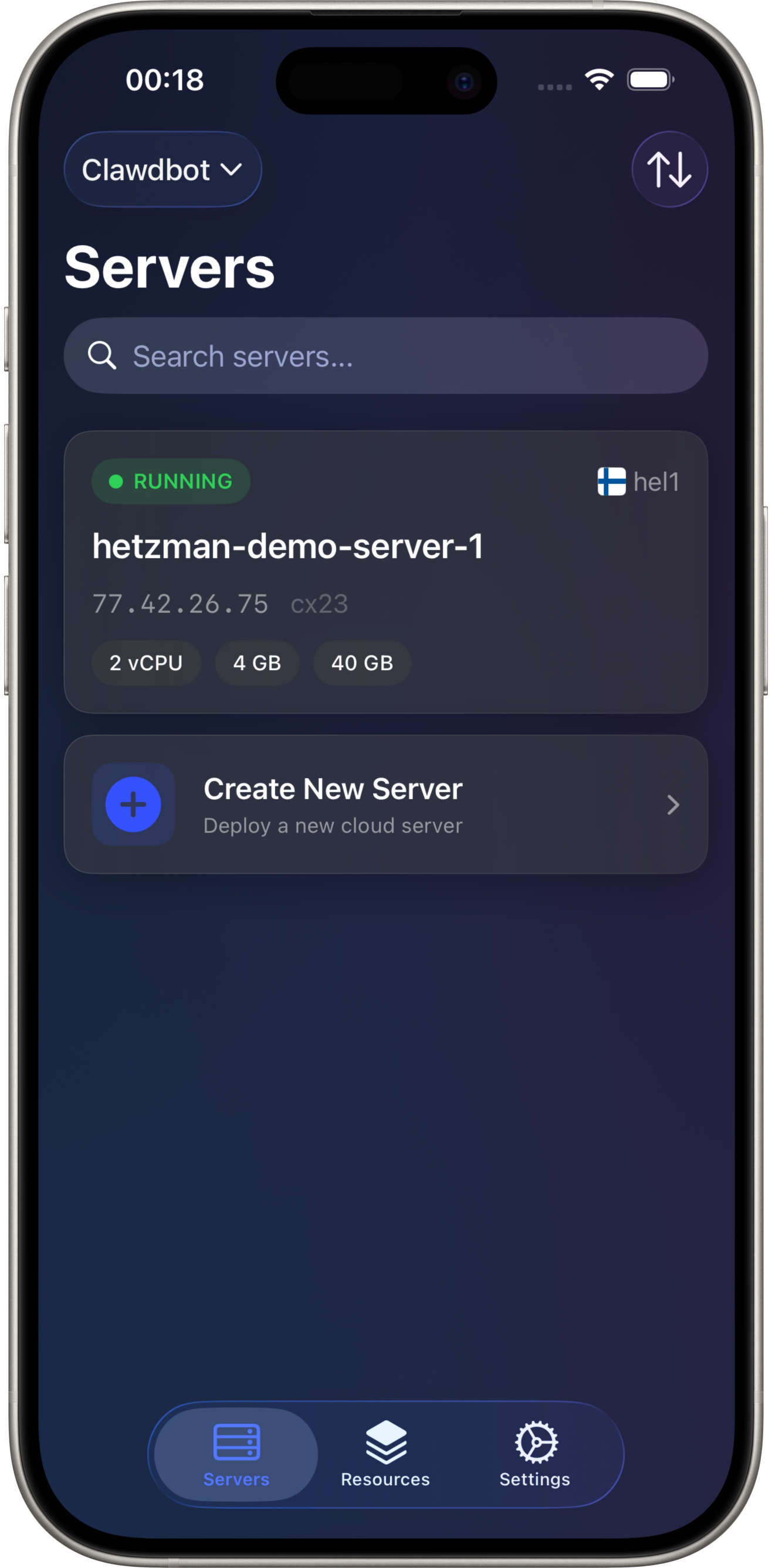 Hetzman app screenshot - dark mode