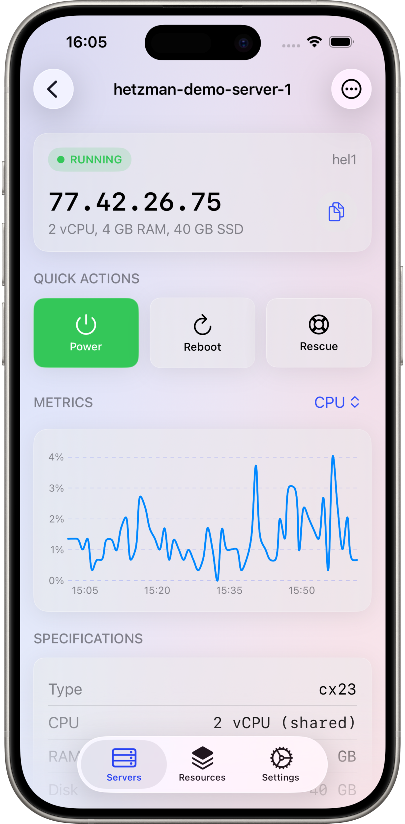 Hetzman app screenshot - light mode